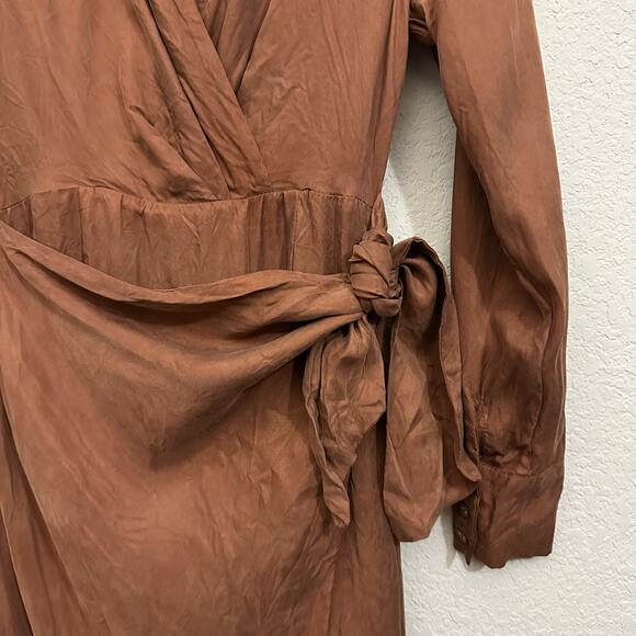DISSH Wrap Dress Brown Long Sleeve Midi Tie Waist Shoulder Pads - Picture 5 of 15